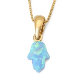 14K Gold Blue Opal Hamsa Pendant