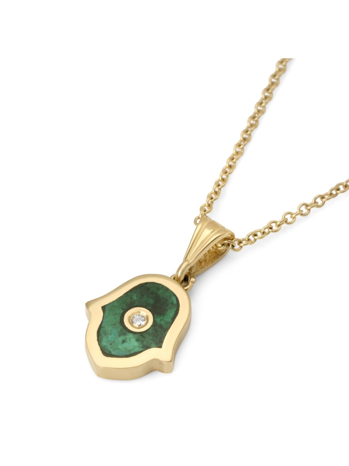14K Gold Hamsa Pendant with Diamond & Eilat Stone for Women