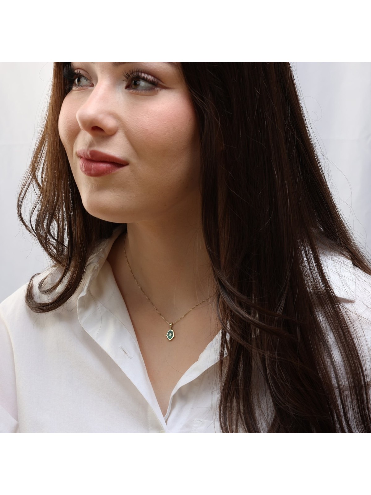 14K Gold Hamsa Pendant with Diamond & Eilat Stone for Women