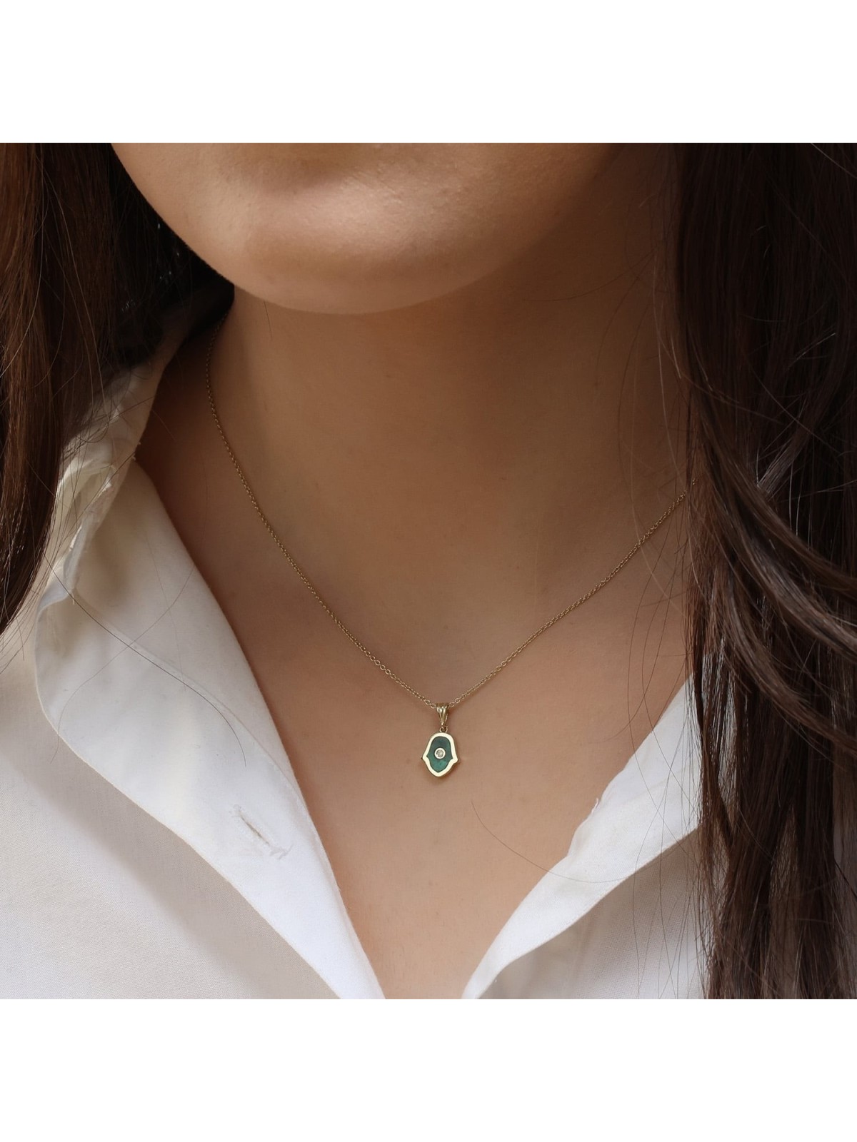 14K Gold Hamsa Pendant with Diamond & Eilat Stone for Women