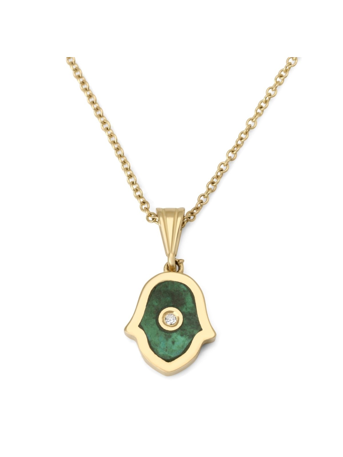 14K Gold Hamsa Pendant with Diamond & Eilat Stone for Women