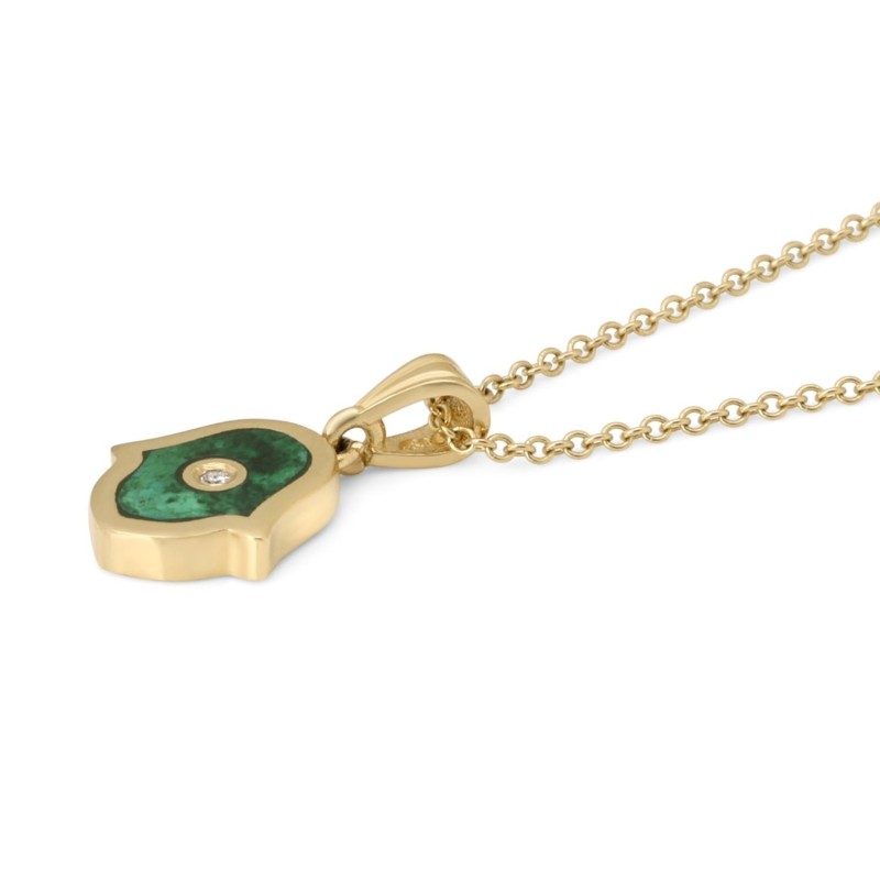 14K Gold Hamsa Pendant with Diamond & Eilat Stone for Women