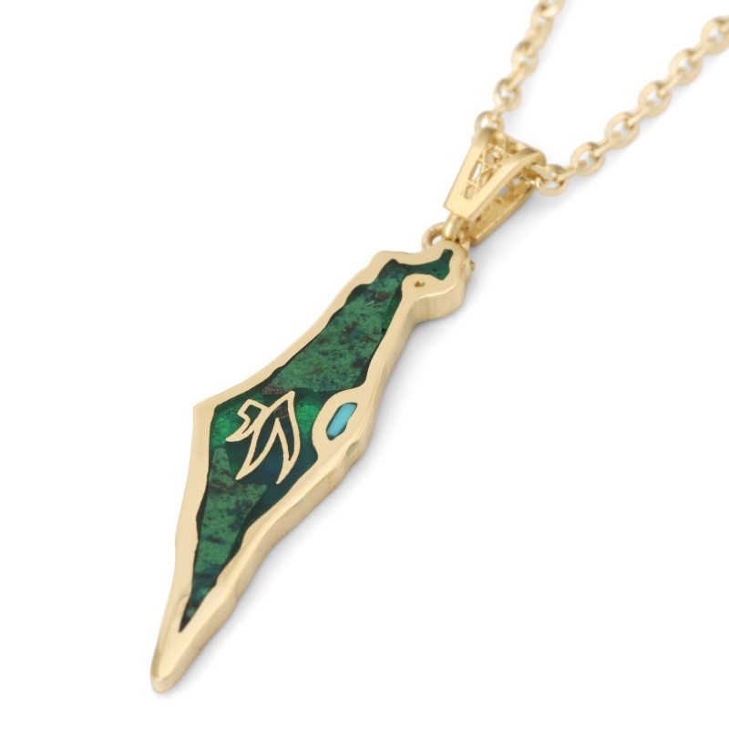 14K Yellow Gold and Eilat Stone Map of Israel Pendant with Chai - Unis