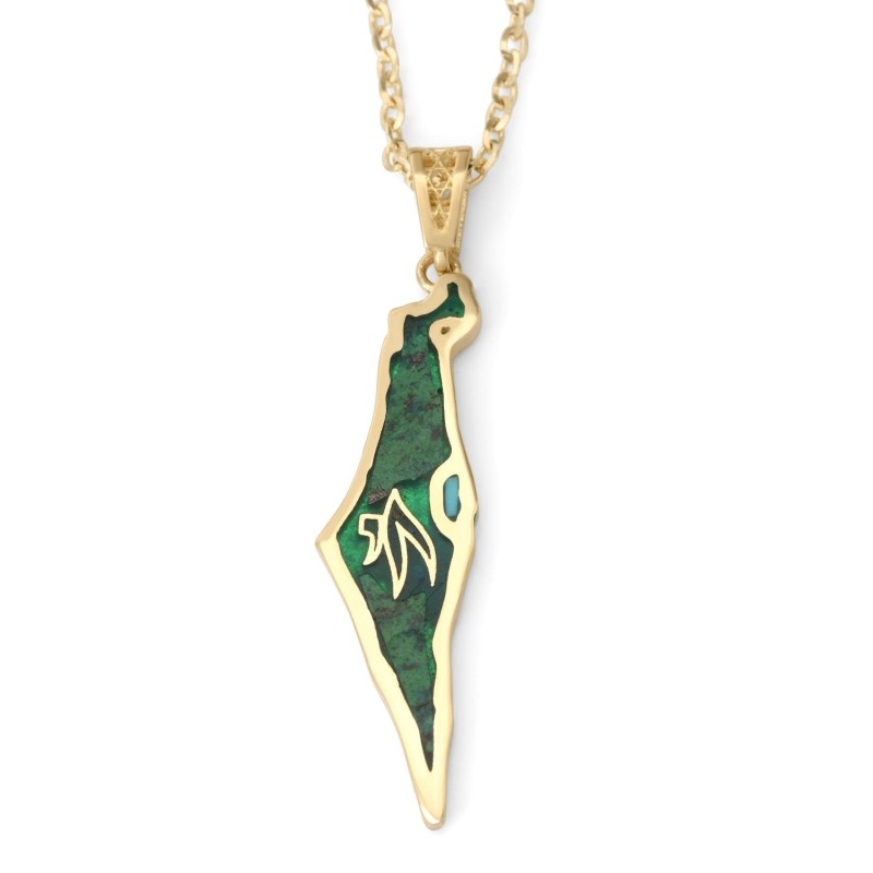 14K Yellow Gold and Eilat Stone Map of Israel Pendant with Chai - Unis