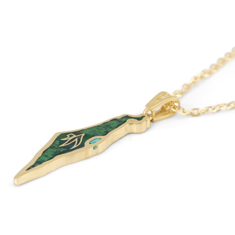 14K Yellow Gold and Eilat Stone Map of Israel Pendant with Chai - Unis