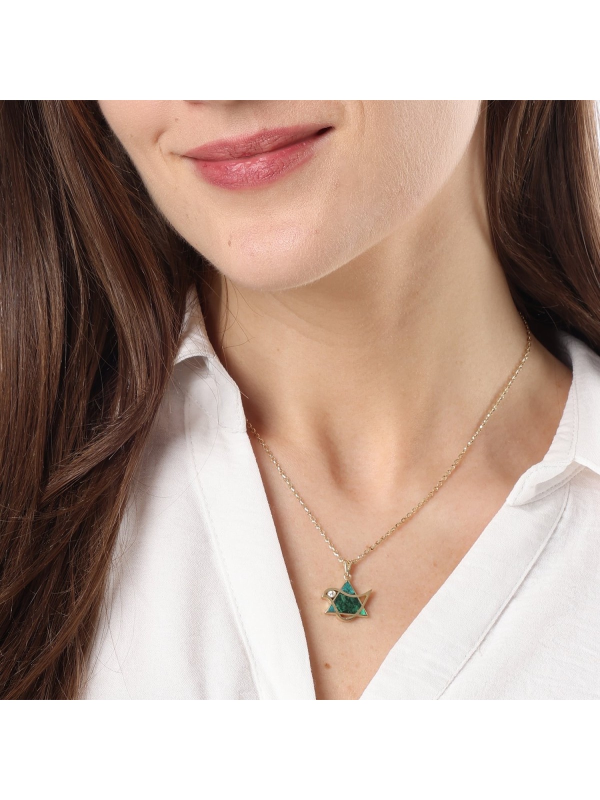 14K Gold Dove-Star of David Pendant Necklace with Eilat Stone