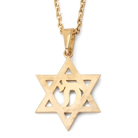14K Gold Star of David & Chai Pendant Necklace - Yellow or White Gold