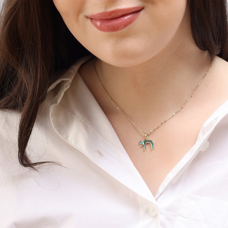 14K Yellow Gold Elegant Chai Pendant with Eilat Stone