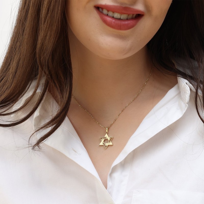 14K Gold Interconnecting Star of David Pendant Necklace - Yellow or Wh