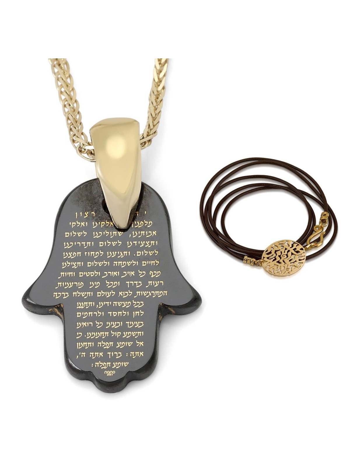 14K Gold and Onyx Hamsa Pendant with Traveler's Prayer - Free Gift Ins