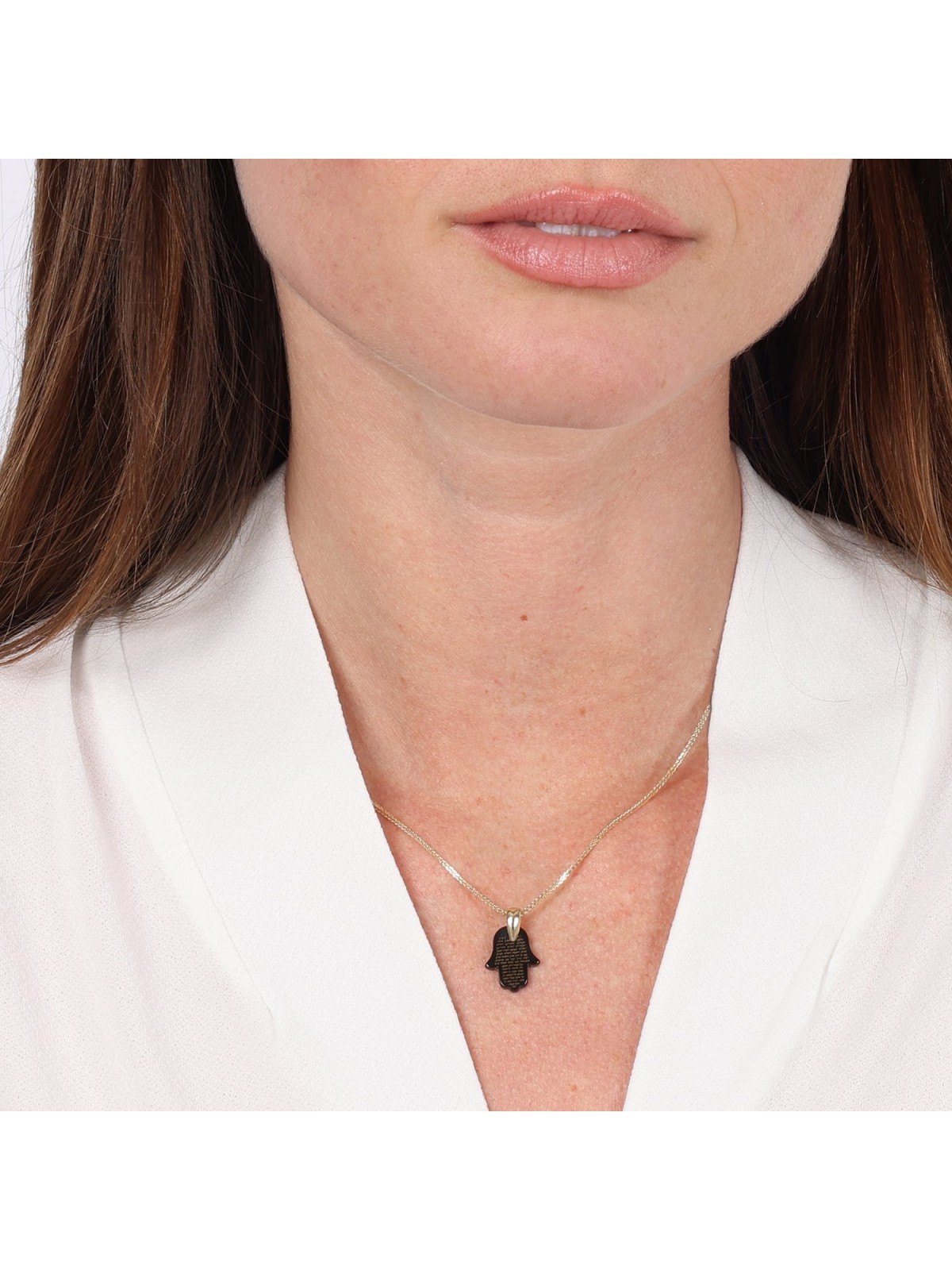 14K Gold and Onyx Hamsa Pendant with Traveler's Prayer - Free Gift Ins