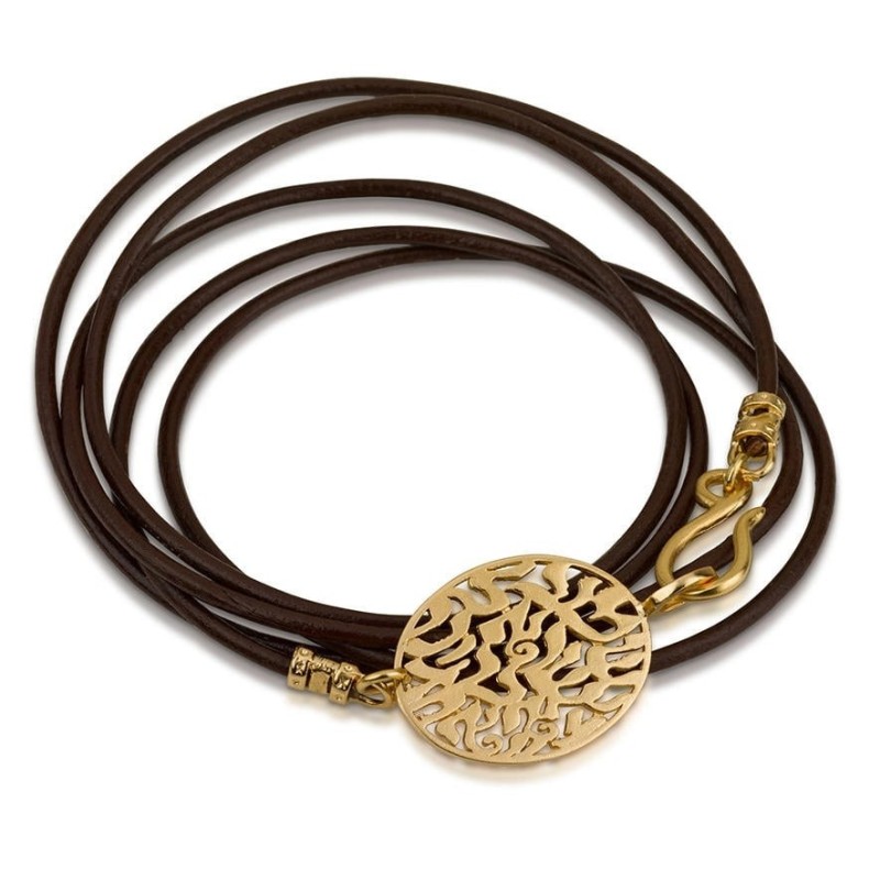 18K Gold Plated Leather Shema Yisrael Wraparound Bracelet - Deuteronom