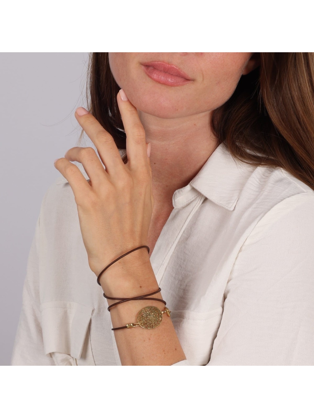18K Gold Plated Leather Shema Yisrael Wraparound Bracelet - Deuteronom