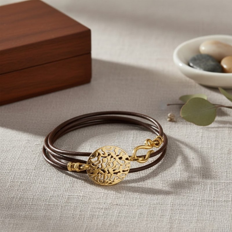 18K Gold Plated Leather Shema Yisrael Wraparound Bracelet - Deuteronom