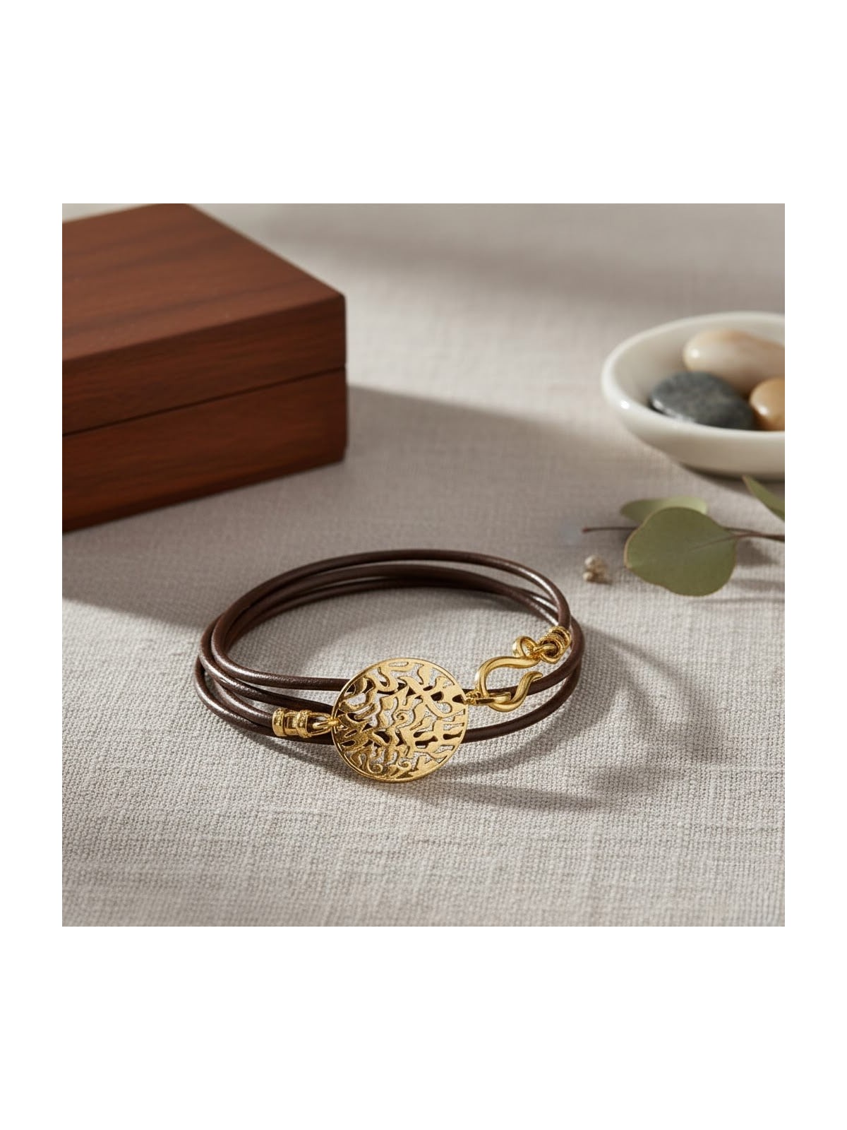 18K Gold Plated Leather Shema Yisrael Wraparound Bracelet - Deuteronom