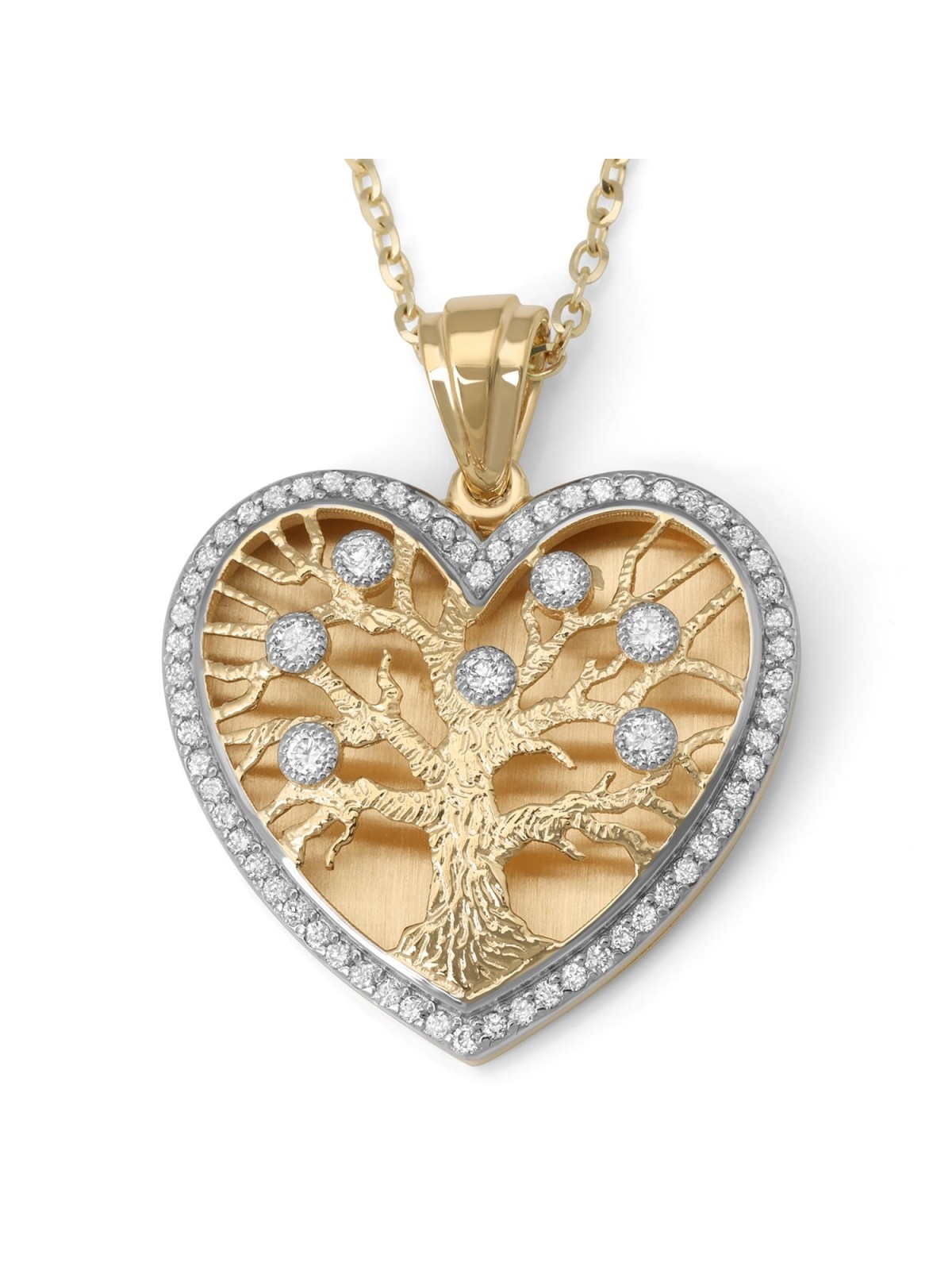 Large 14K Gold Heart-Shaped Tree of Life Pendant Necklace with Diamond