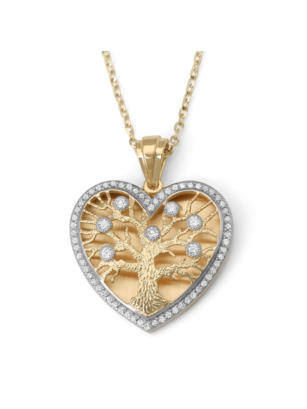 Large 14K Gold Heart-Shaped Tree of Life Pendant Necklace with Diamond