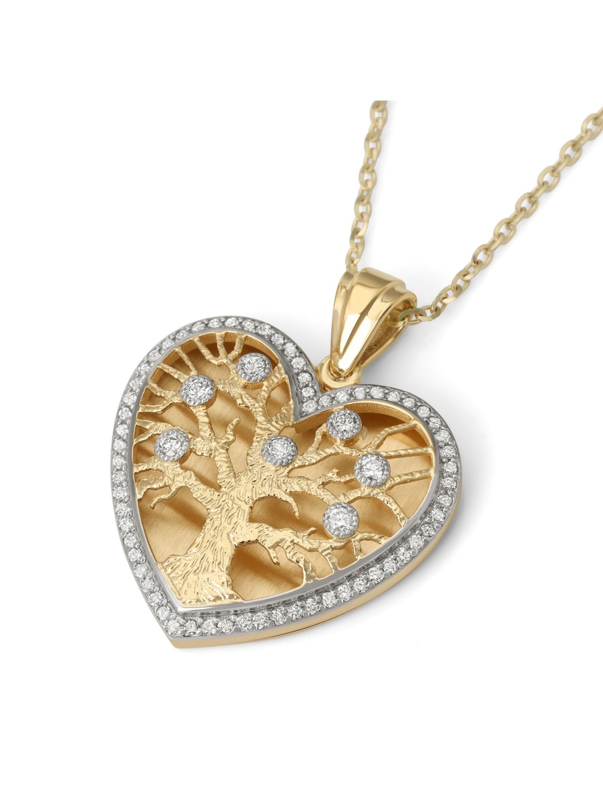 Large 14K Gold Heart-Shaped Tree of Life Pendant Necklace with Diamond
