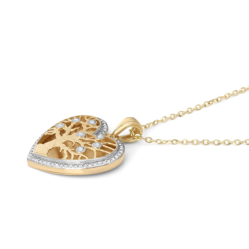 Large 14K Gold Heart-Shaped Tree of Life Pendant Necklace with Diamond