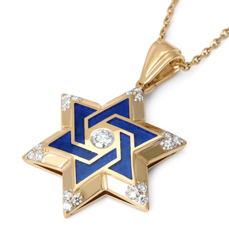 14K Yellow Gold & Blue Enamel Star of David Diamond Pendant