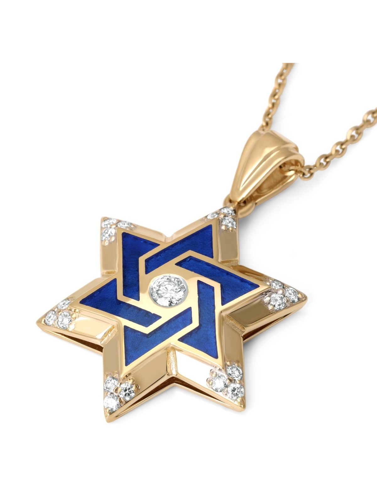 14K Yellow Gold & Blue Enamel Star of David Diamond Pendant