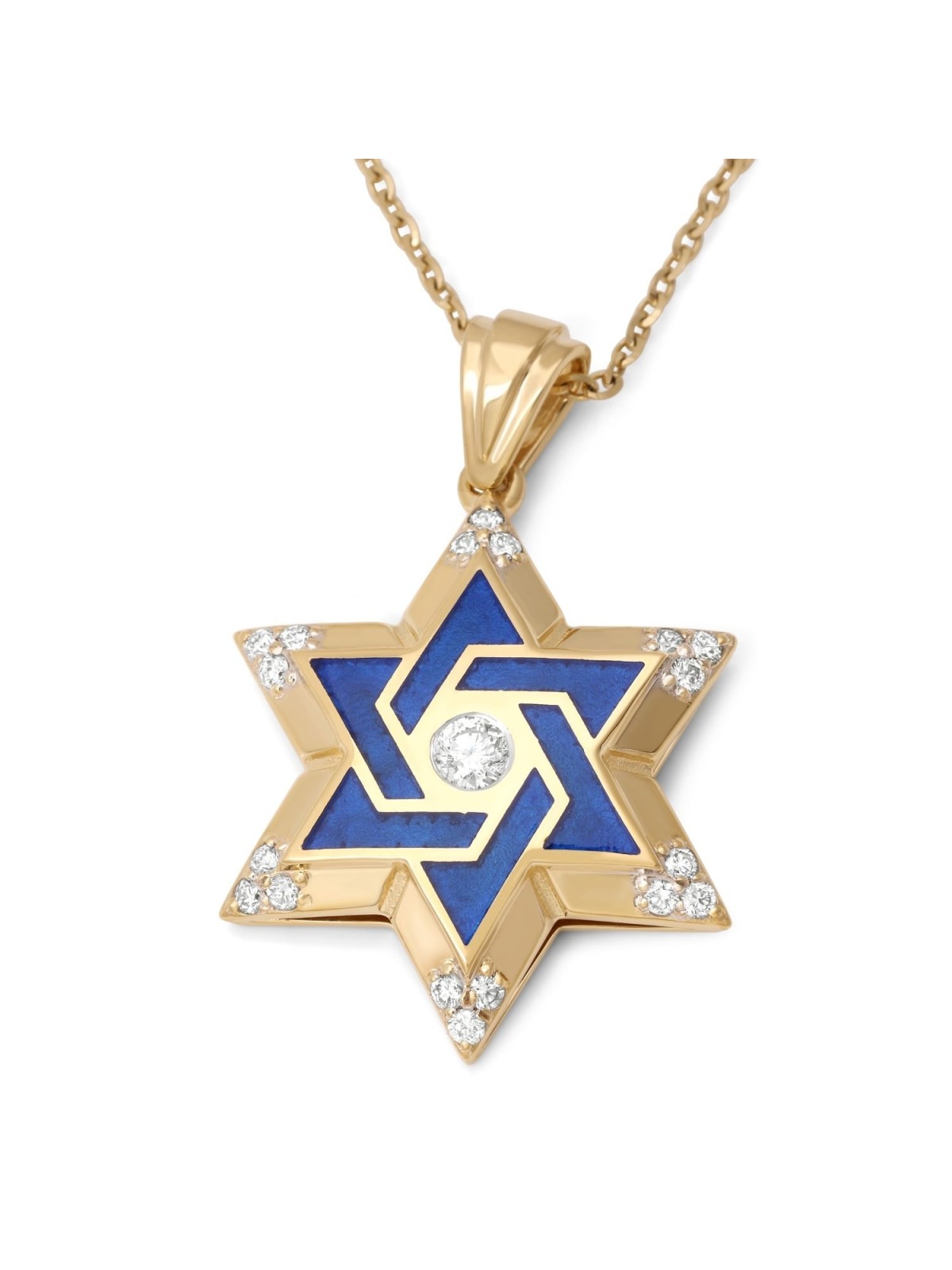 14K Yellow Gold & Blue Enamel Star of David Diamond Pendant
