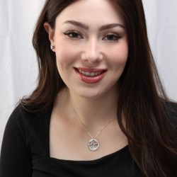 Sterling Silver and 9K Gold Circle Tree of Life Necklace with Emerald