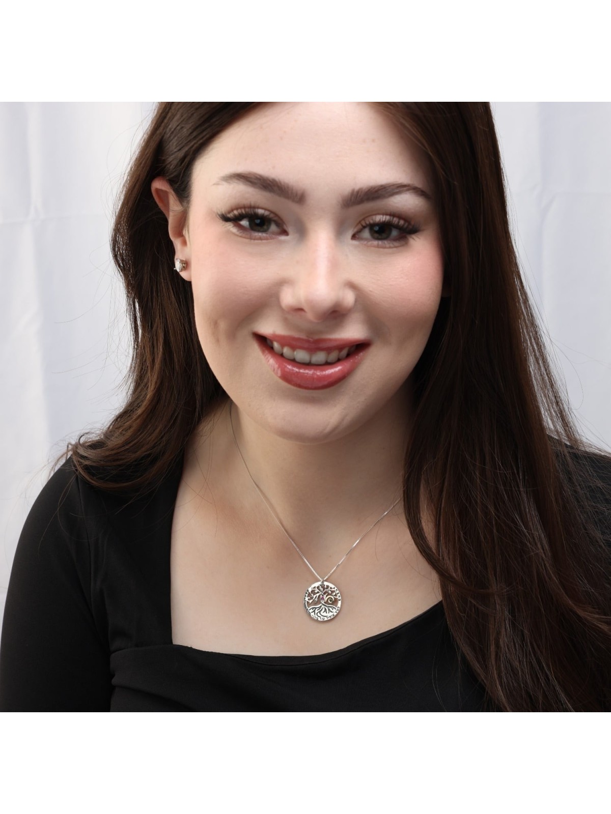 Sterling Silver and 9K Gold Circle Tree of Life Necklace with Emerald