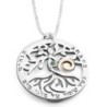 Sterling Silver and 9K Gold Circle Tree of Life Necklace with Emerald