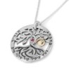 Sterling Silver and 9K Gold Circle Tree of Life Necklace with Emerald