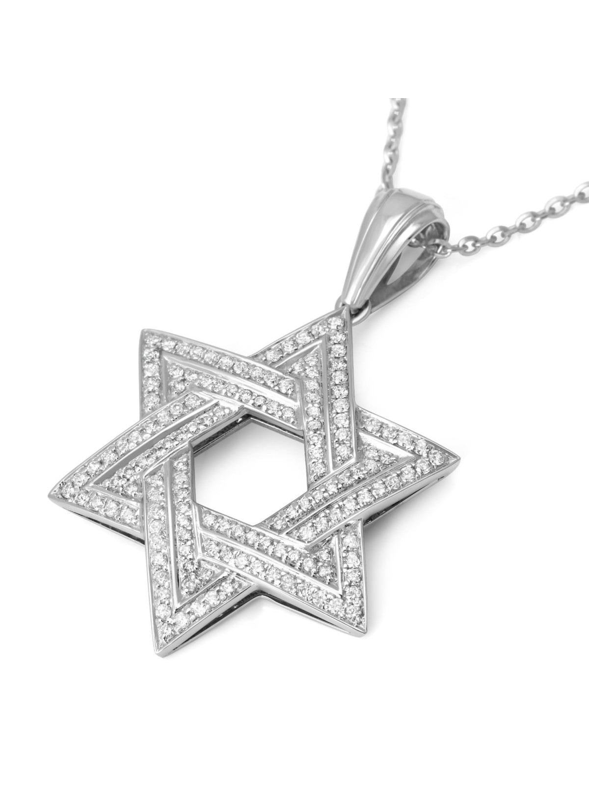14K White Gold Star of David Pendant with Two Diamond Rows