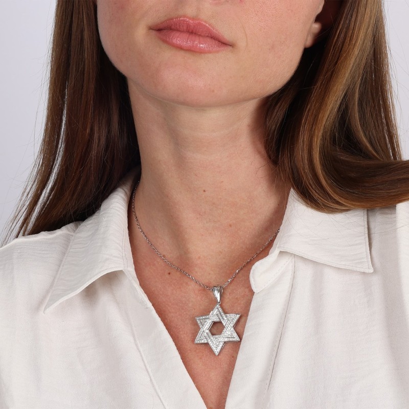 14K White Gold Star of David Pendant with Two Diamond Rows