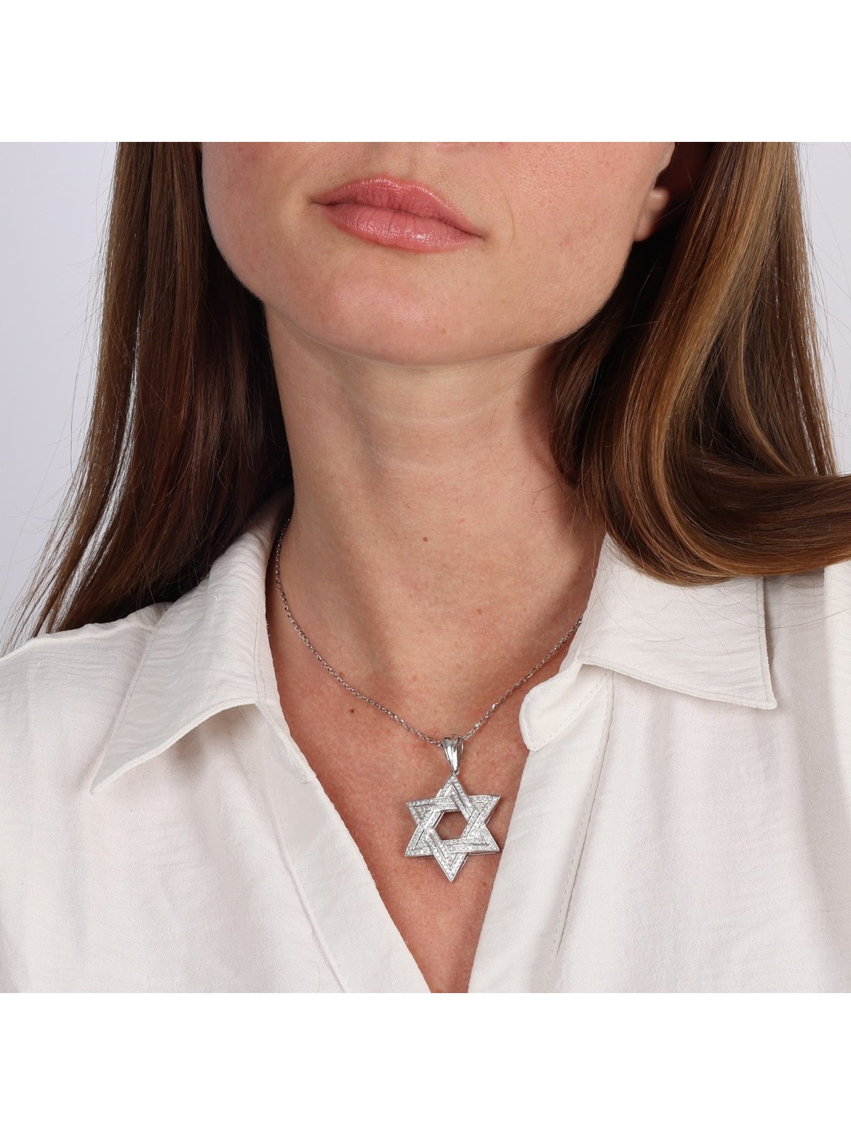 14K White Gold Star of David Pendant with Two Diamond Rows
