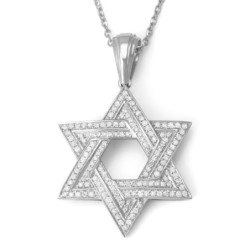 14K White Gold Star of David Pendant with Two Diamond Rows
