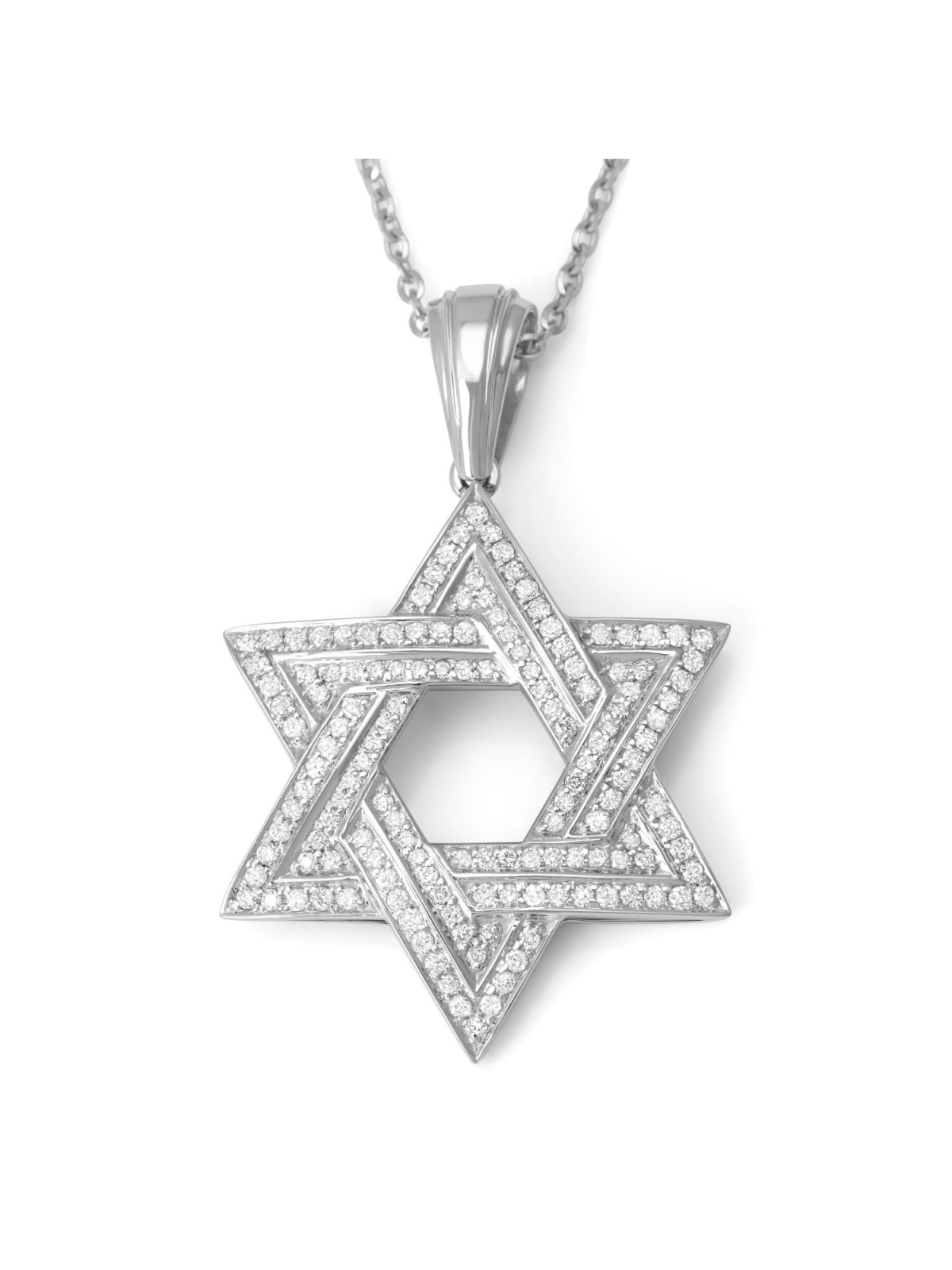 14K White Gold Star of David Pendant with Two Diamond Rows