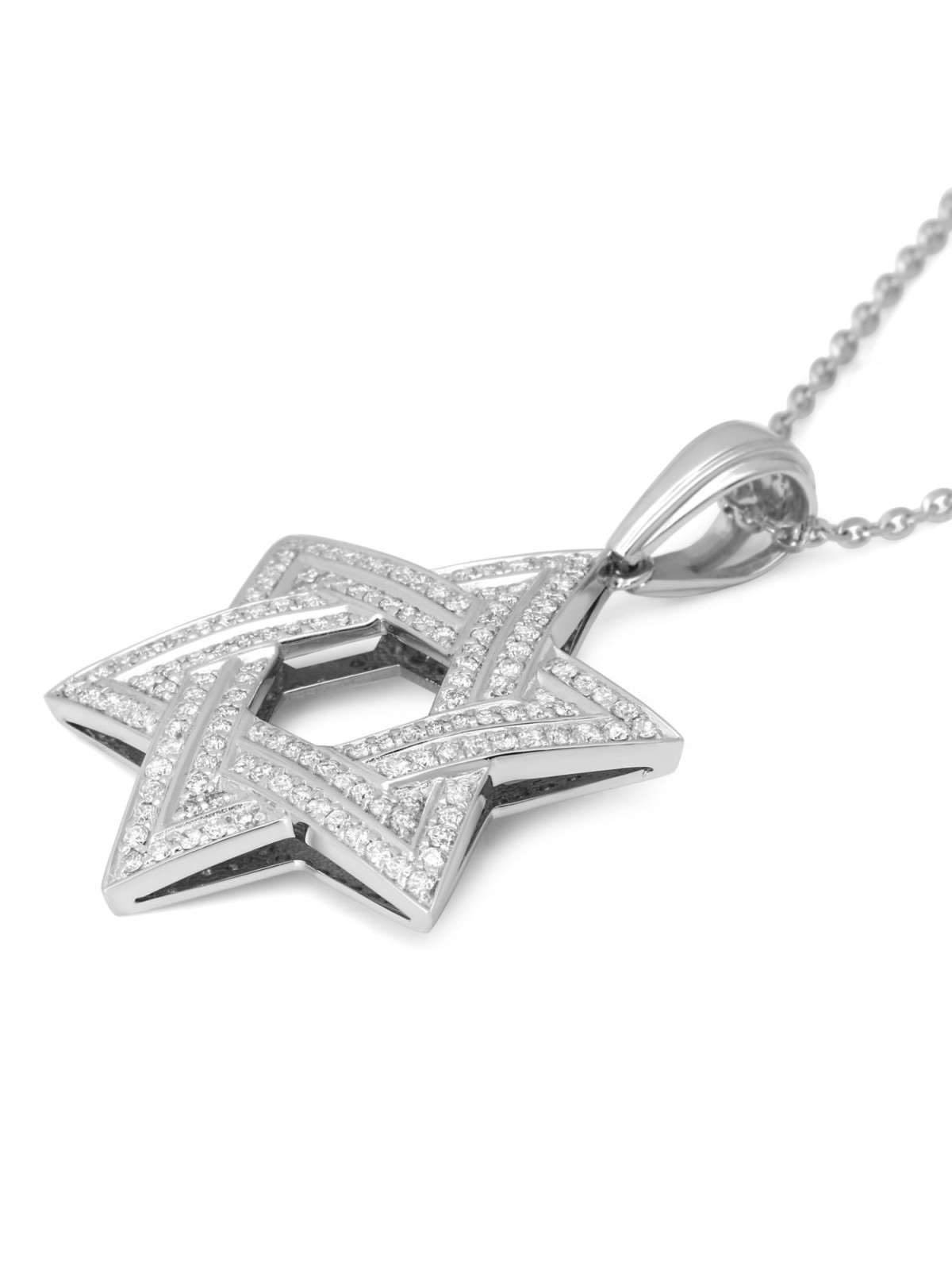 14K White Gold Star of David Pendant with Two Diamond Rows