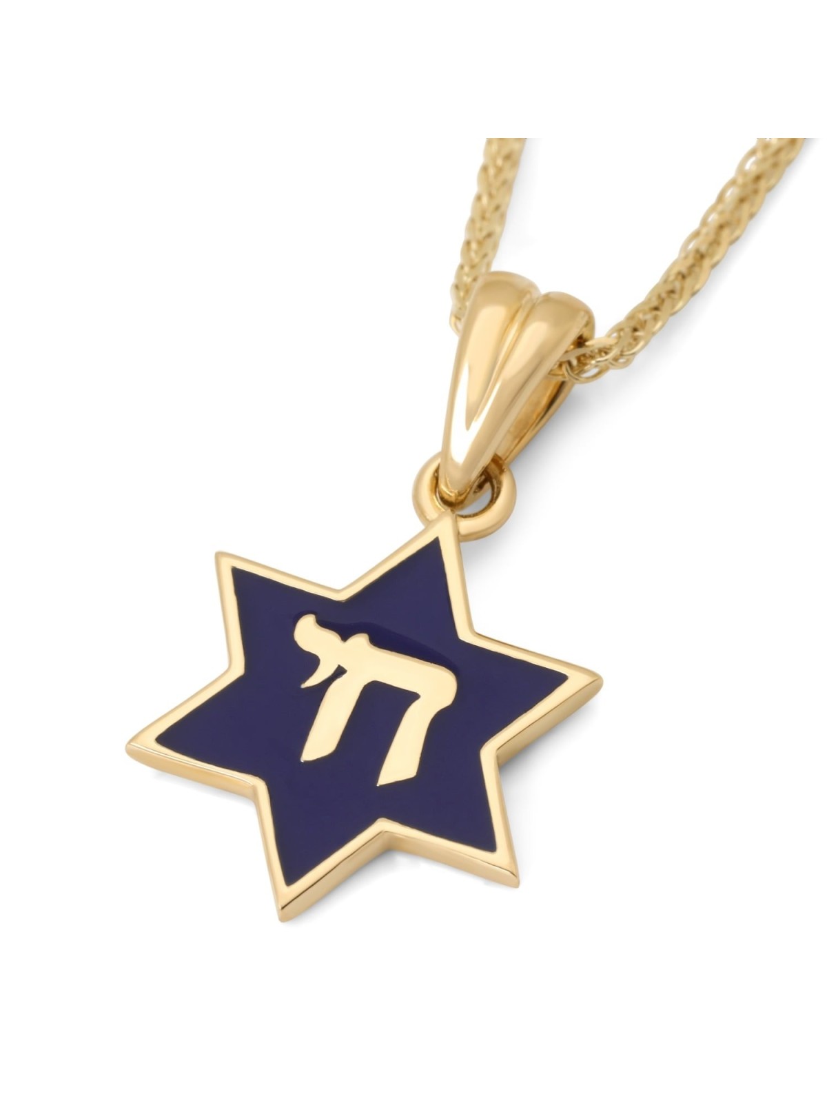 14K Gold and Blue Enamel Chai and Star of David Pendant Necklace