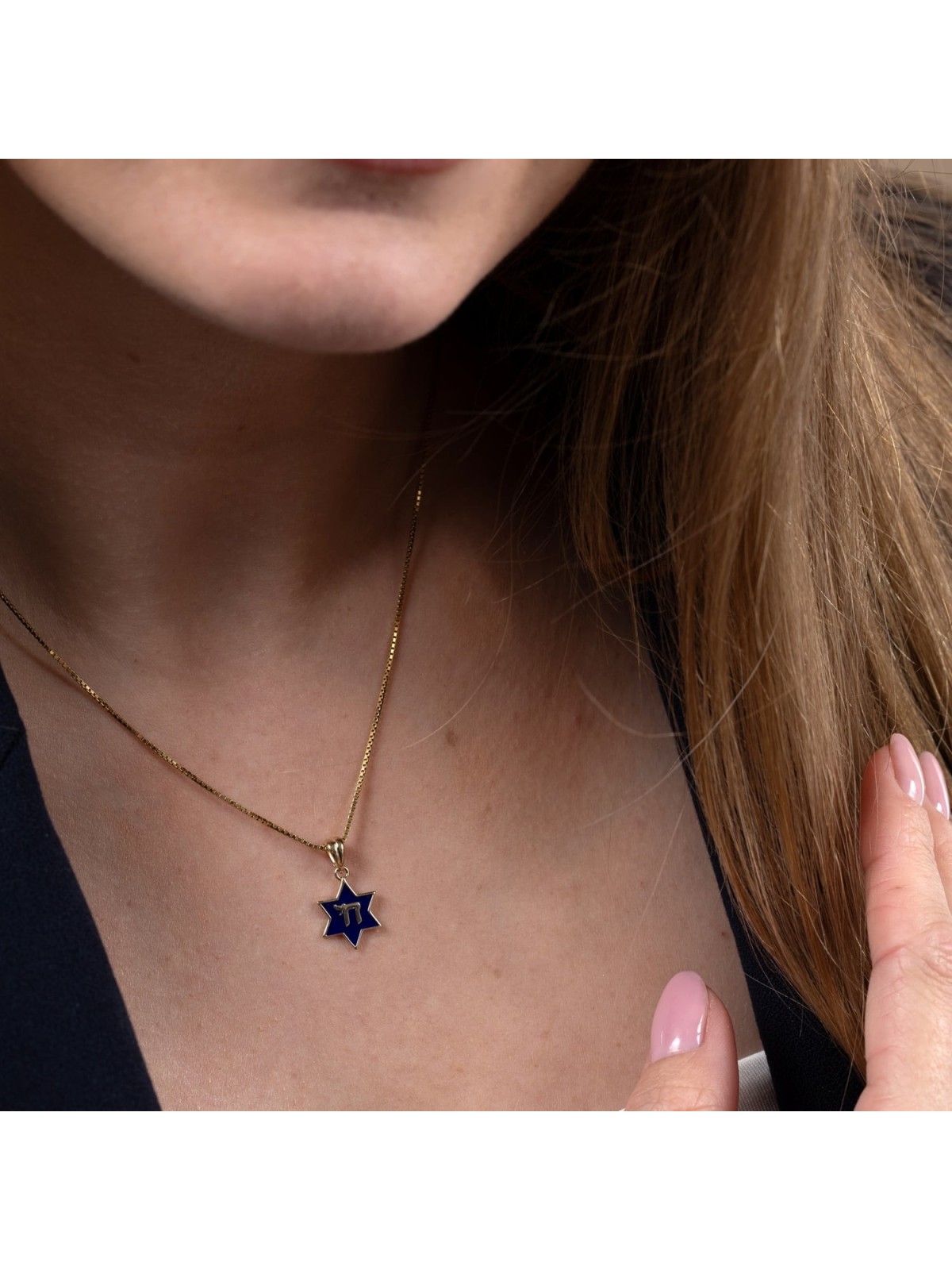 14K Gold and Blue Enamel Chai and Star of David Pendant Necklace