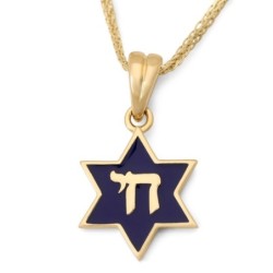 14K Gold and Blue Enamel Chai and Star of David Pendant Necklace
