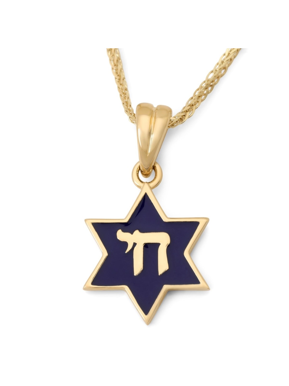 14K Gold and Blue Enamel Chai and Star of David Pendant Necklace
