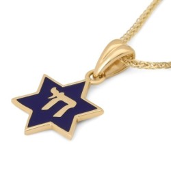 14K Gold and Blue Enamel Chai and Star of David Pendant Necklace