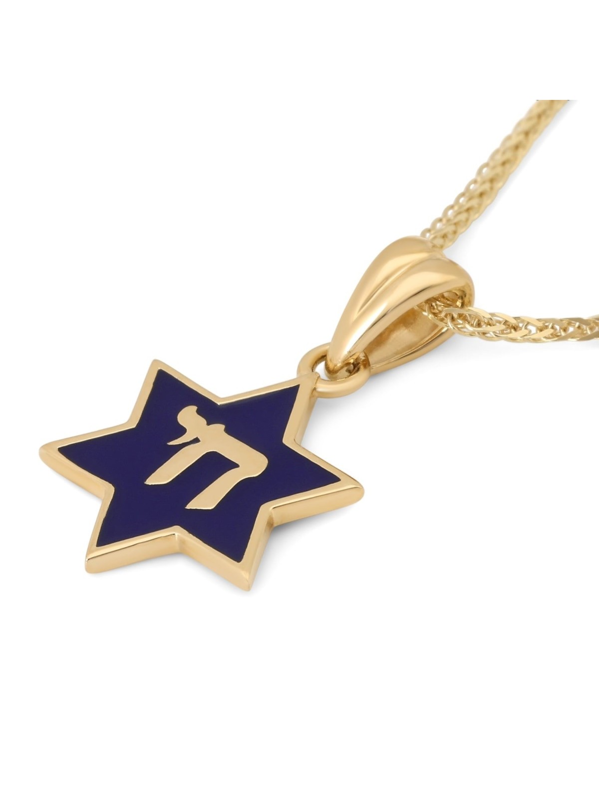 14K Gold and Blue Enamel Chai and Star of David Pendant Necklace