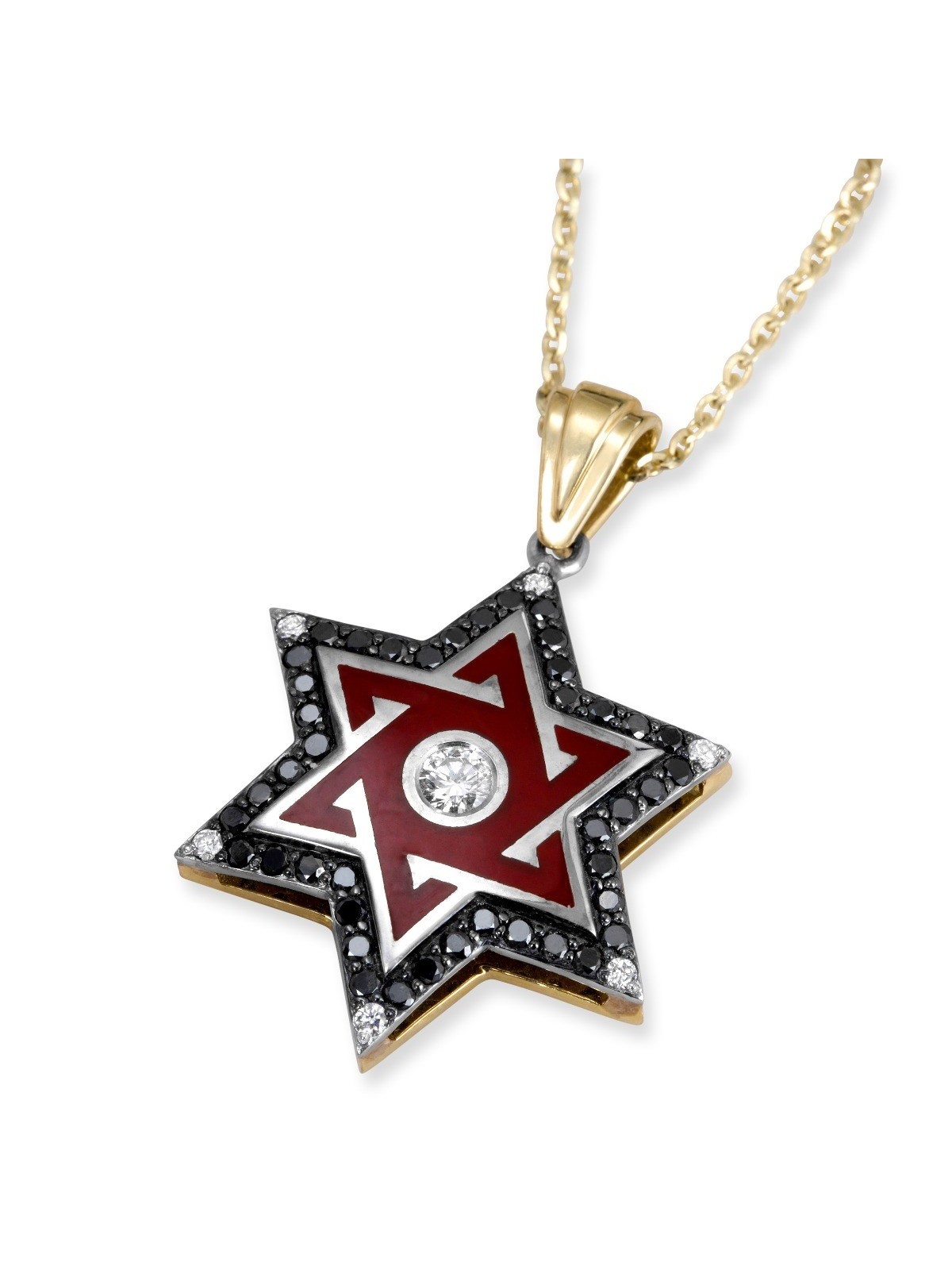 14K Gold Modern Star of David Pendant With 55 White & Black Diamonds