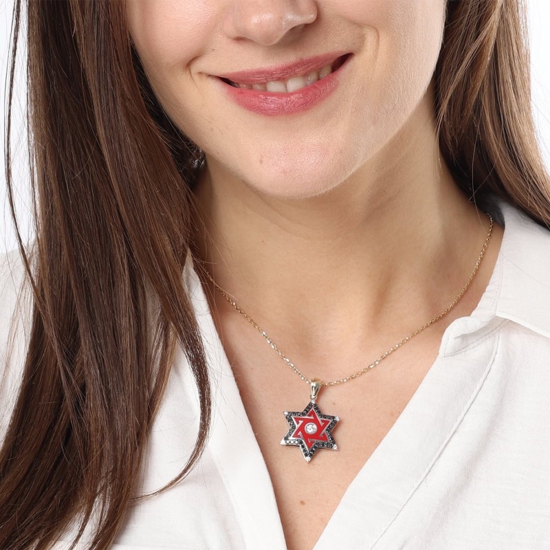 14K Gold Modern Star of David Pendant With 55 White & Black Diamonds