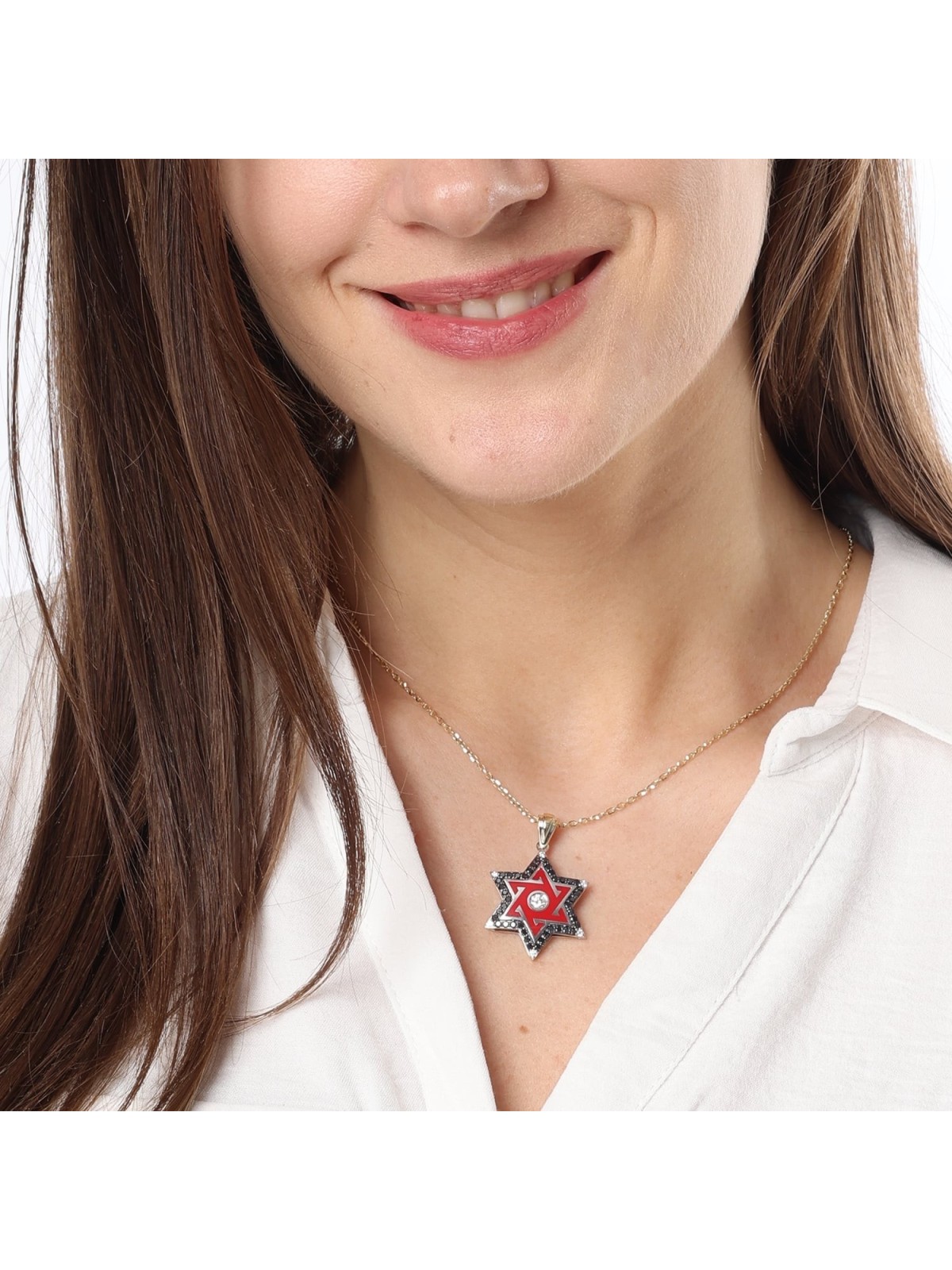 14K Gold Modern Star of David Pendant With 55 White & Black Diamonds