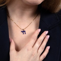 14K Gold & Blue Enamel Chai Pendant Necklace for Women