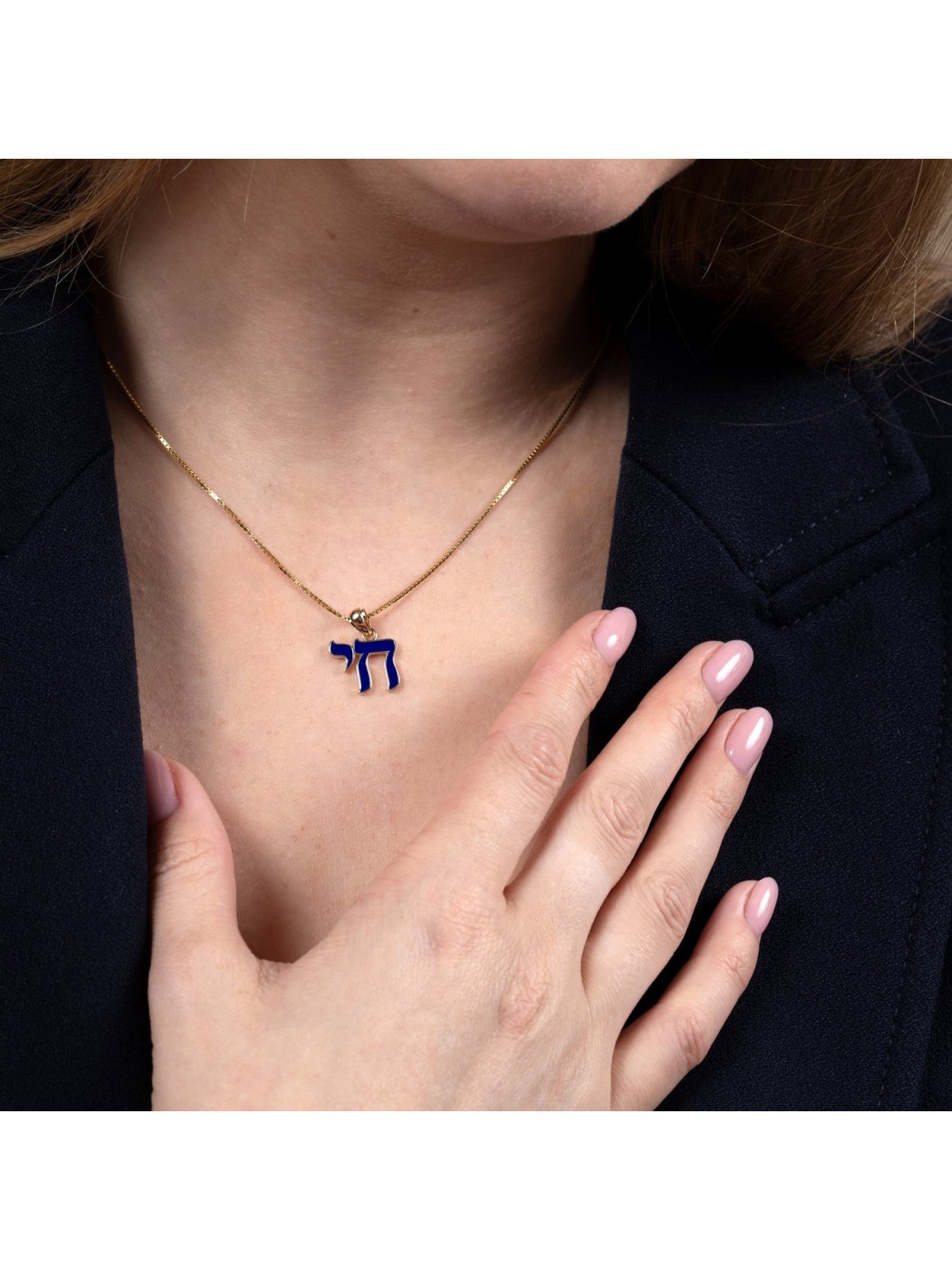 14K Gold & Blue Enamel Chai Pendant Necklace for Women