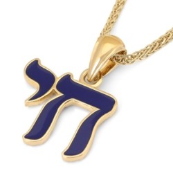 14K Gold & Blue Enamel Chai Pendant Necklace for Women