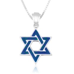 Silver Star of David Interlocked Necklace with Blue Enamel