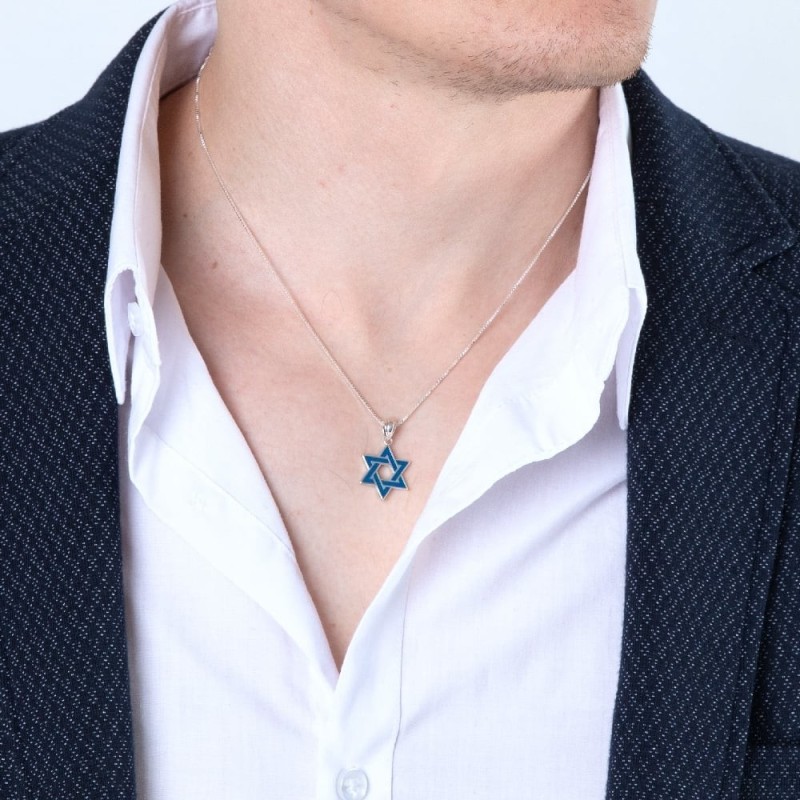 Silver Star of David Interlocked Necklace with Blue Enamel